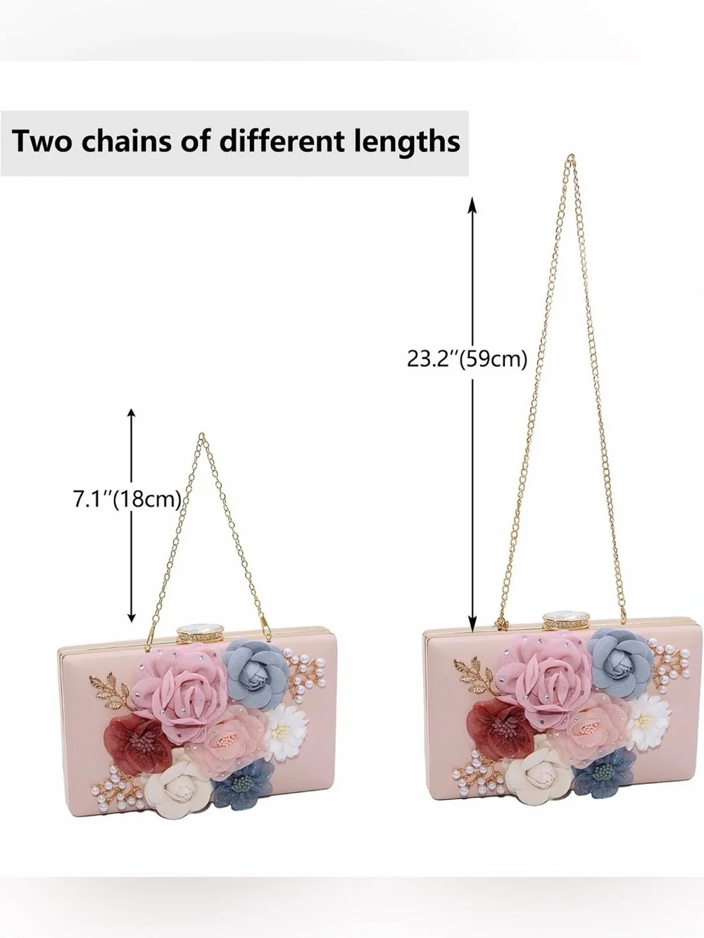 Floral Embellished Pink Crossbody Clutch - Gold Chain